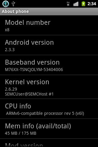 SE Xperia X8: Android 2.3.3