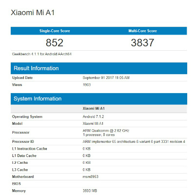 тест Geekbench Xiaomi Mi A1